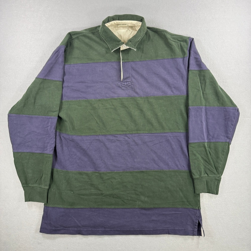LL Bean Rugby Shirt Mens Large Green Purple Long Sleeve Heavy Cotton Preppy 90s